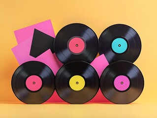 Vintage vinyl records with bold groovy graphics, colorful abstract shapes on the labels, and retro lighting effects, creating a funky nostalgic vibe 