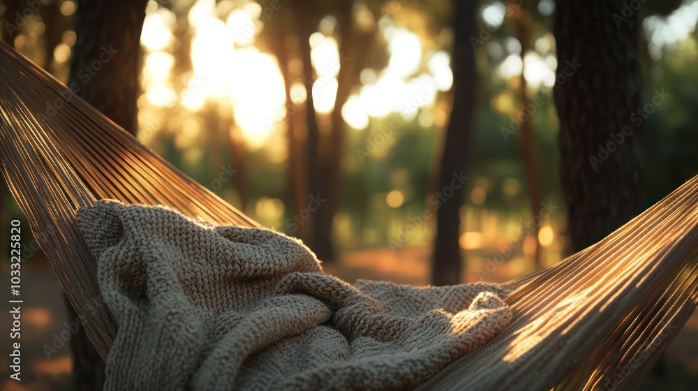 Poster a cozy hammock hangs in the forest with a blanket draped on it. the setting sun shines through the t