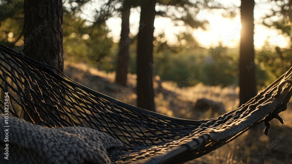 Poster a hammock hangs between two trees in a forest setting, with the setting sun in the background.