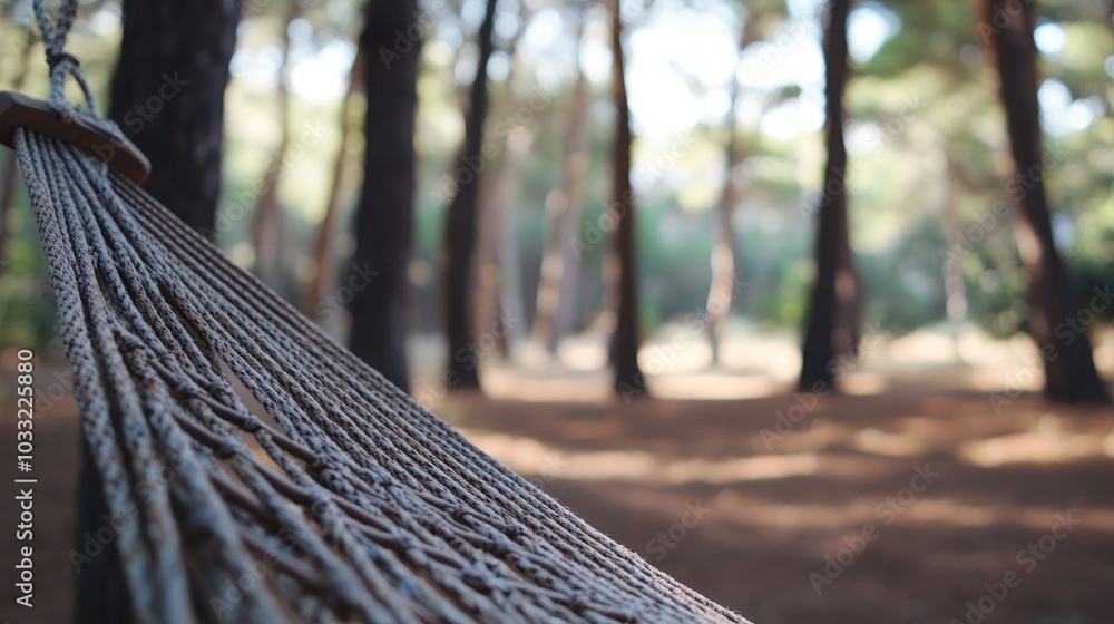 Poster A close-up of a hammock strung between two trees in a forest setting, with the focus on the hammock and the background blurred.