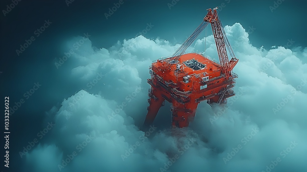 Poster Crane boom extending to its maximum height towering above with swirling clouds in the sky capturing the power and scale of industrial construction projects