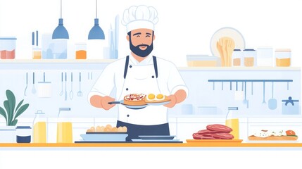 Chef Preparing Delicious Breakfast - Eggs, Pancakes and Meat