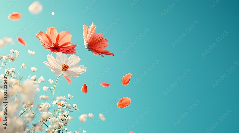 Aufkleber Delicate flower petals drifting and floating in a soft pastel sky with a tranquil ethereal atmosphere  The swirling motion and texture of the petals create a dreamy