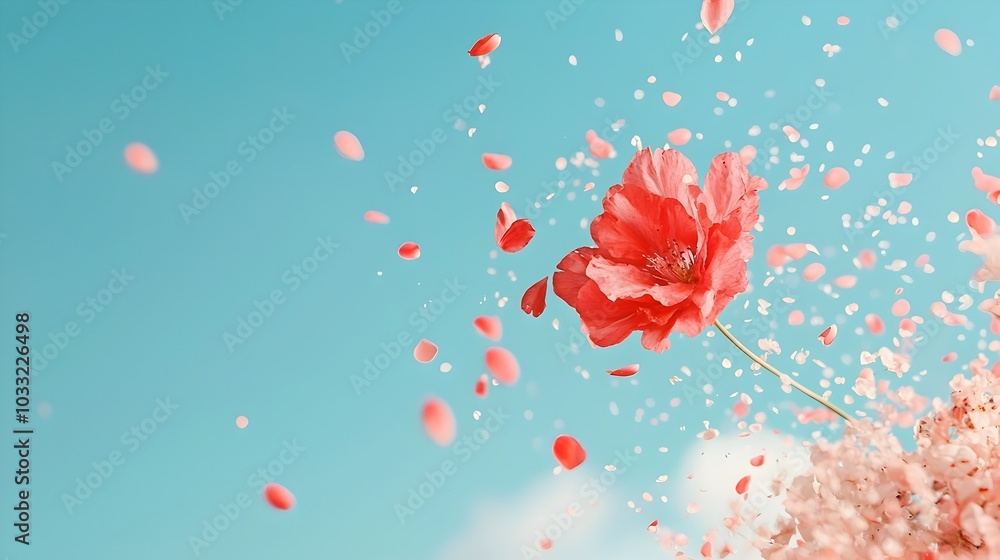 Poster delicate flower petals drifting gracefully across a clear serene sky adding a sense of ethereal move