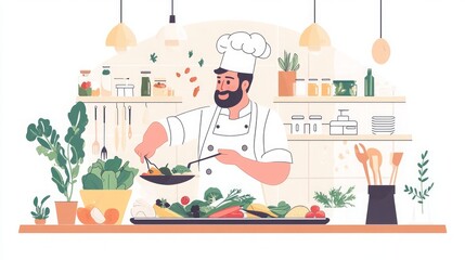 Chef Cooking Fresh Vegetables in Kitchen - Healthy Food Preparation