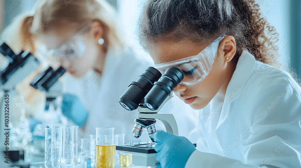 Poster young girl scientist using a microscope in a laboratory setting