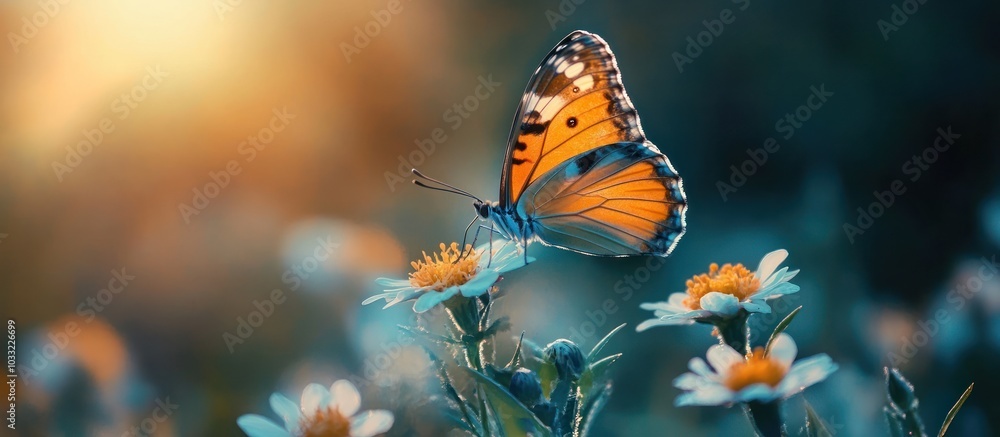 Sticker A butterfly perched on a daisy flower in a field.