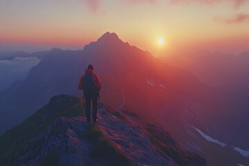 Fototapeta premium Man on the top of the mountain watching wonderful sunset scenery