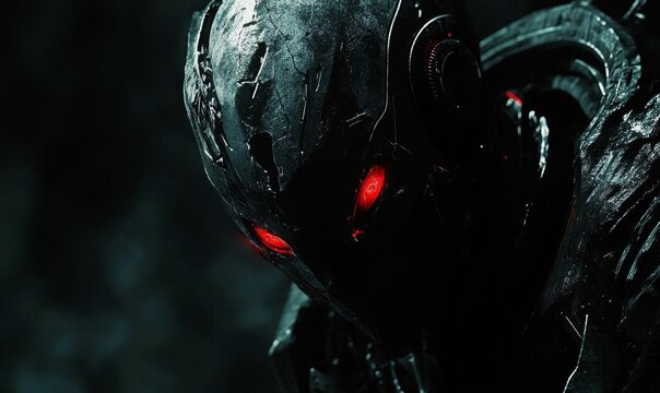 Black robot with glowing red eyes.
