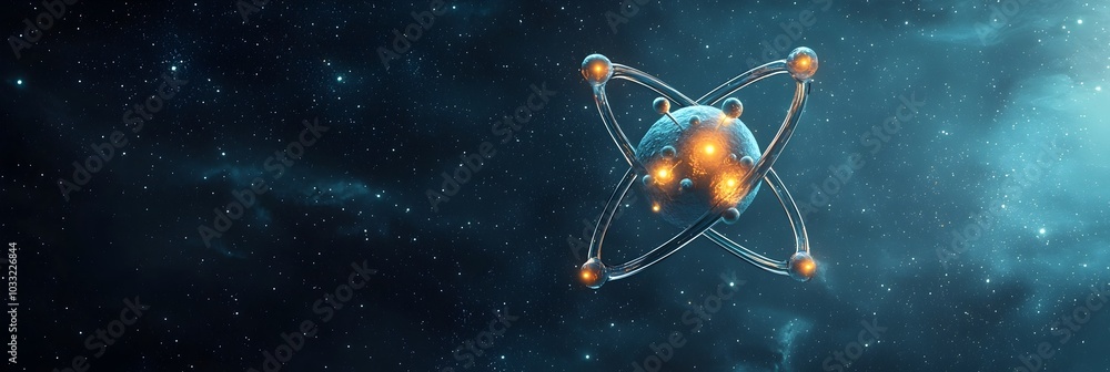 Aufkleber Detailed of an atom structure floating in the vastness of cosmic space with glowing protons and electrons orbiting the nucleus in a mesmerizing display of subatomic energy and scientific intrigue