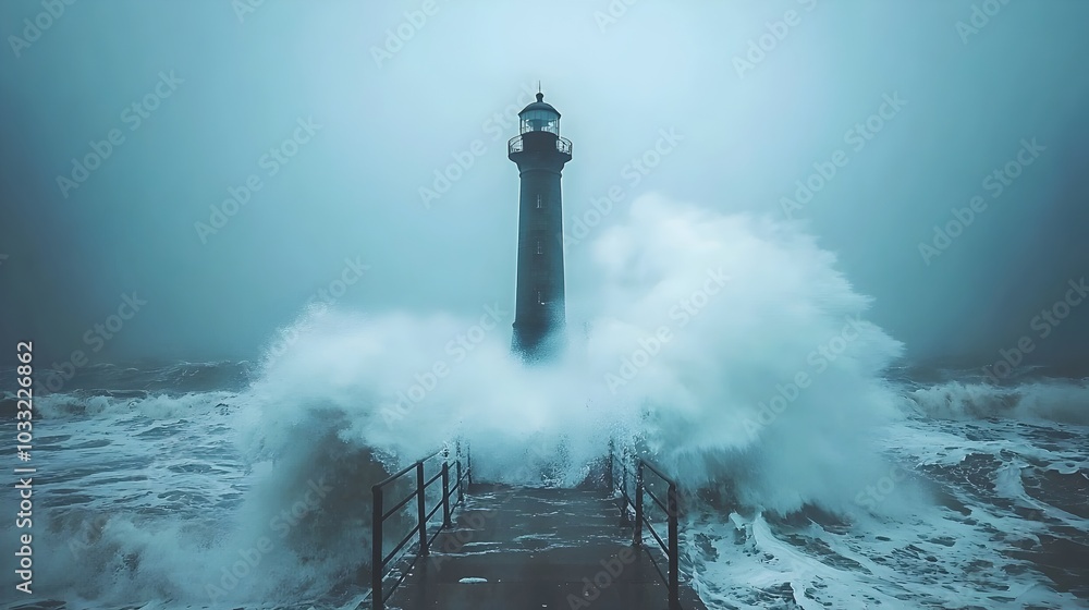 Aufkleber Dramatic and dynamic coastal landscape with waves splashing against a pier or lighthouse in the distance capturing the power and beauty of the ocean under a dramatic sky