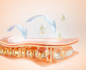 3d skin structure render macro background. Epidermis cell layer with fat tissue, infographic arrows and gold oil drop, collagen serum, liquid cosmetic droplet. Hydration and moisture. 3D illustration