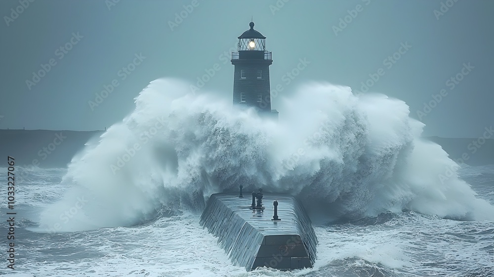 Poster dramatic seascape of powerful coastal waves crashing against a distant pier or lighthouse creating a