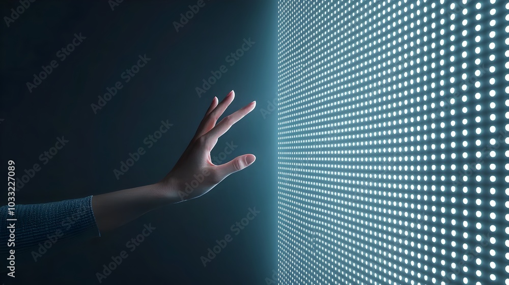 Aufkleber Dramatic silhouette of a hand reaching out against a bright glowing light source or digital screen  Conceptual modern and minimalist composition with a sense of mystery and atmosphere