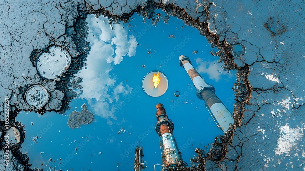 Poster dramatic reflection of towering refinery chimneys in oil filled puddles on the ground creating a moo