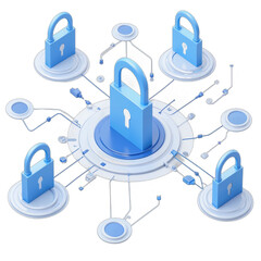 Central padlock with connected network representing cybersecurity and data protection on transparent background