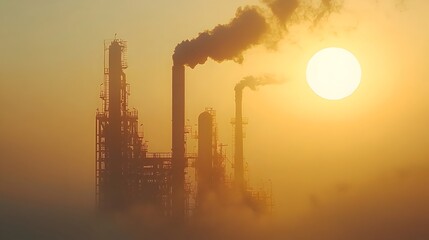 Obraz premium Dramatic silhouettes of an industrial refinery at sunrise with shadows casting abstract geometric patterns across the landscape The minimalist