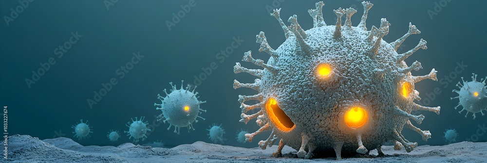 Poster eerie and ominous abstract 3d visualization of a virus model with spiky surfaces that glow in a myst