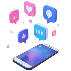 Smartphone with floating social media icons including likes, comments, and hearts on transparent background..