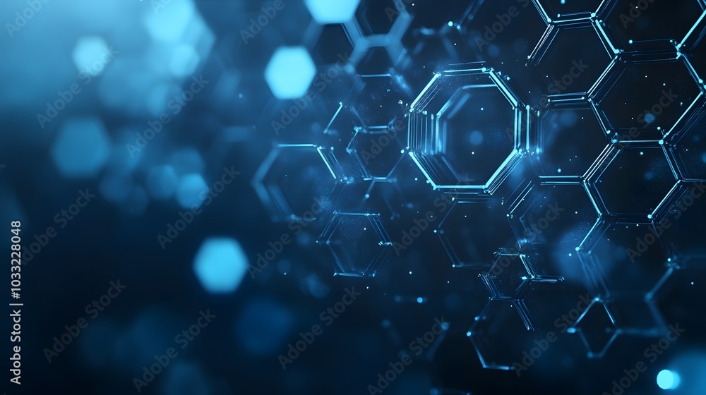 Poster abstract blue hexagon pattern with glowing lines and particles