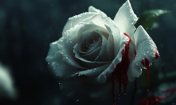 White rose bleeding red drops.