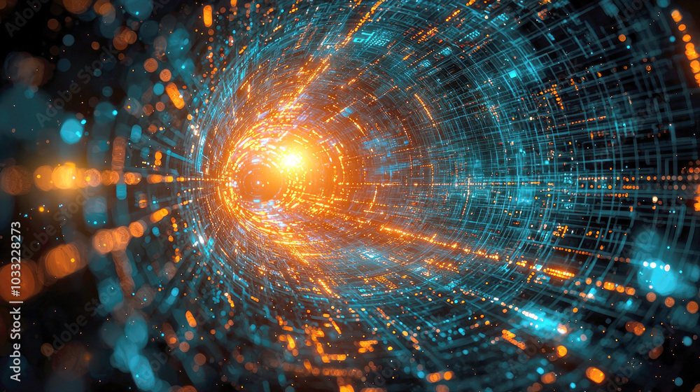 Poster a vibrant digital representation of a tunnel of light, suggesting motion through space and time.