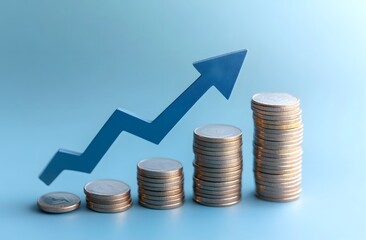 Blue background with an arrow pointing up and a stack of coins growing on it, representing growth in the stock market or business, the immortalization of prosperity. 