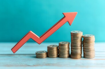 Blue background with an arrow pointing up and a stack of coins growing on it, representing growth in the stock market or business, the immortalization of prosperity. 