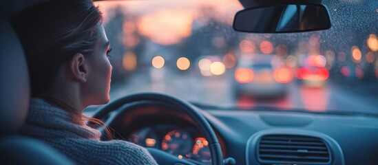 A woman drives through the city at dusk, looking ahead, with city lights reflected in the windshield.