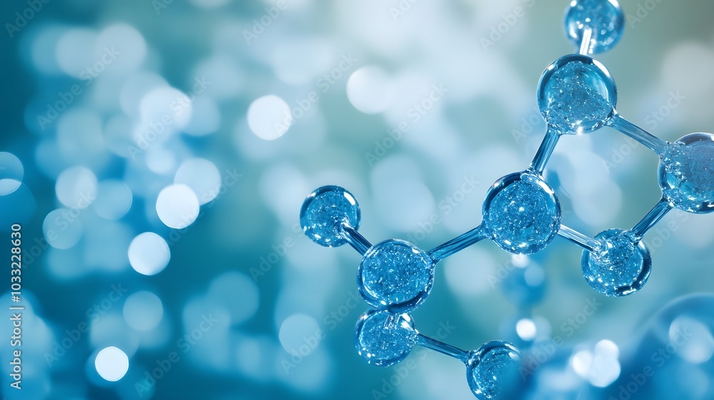 Poster a close-up view of a molecular structure against a blue bokeh background