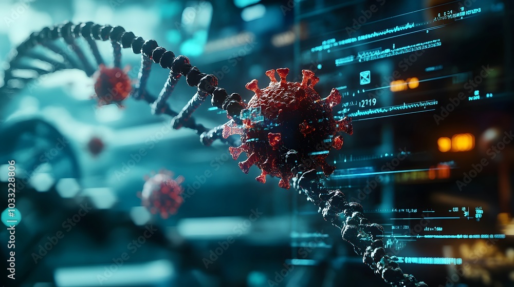 Aufkleber a coronavirus particle attached to a dna strand with a digital interface in the background