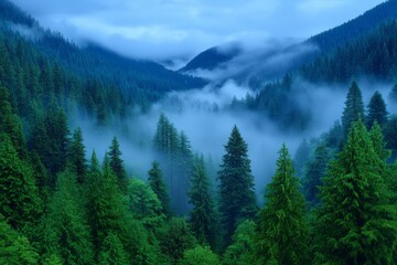 Obraz premium Mystical Fog Over Serene Mountains. Generative AI