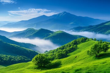Obraz premium Vibrant Green Mountain Landscape, Serene Rolling Hills, Misty Valleys, Breathtaking Nature Views, Ideal for Travel and Outdoor Themes. Generative AI
