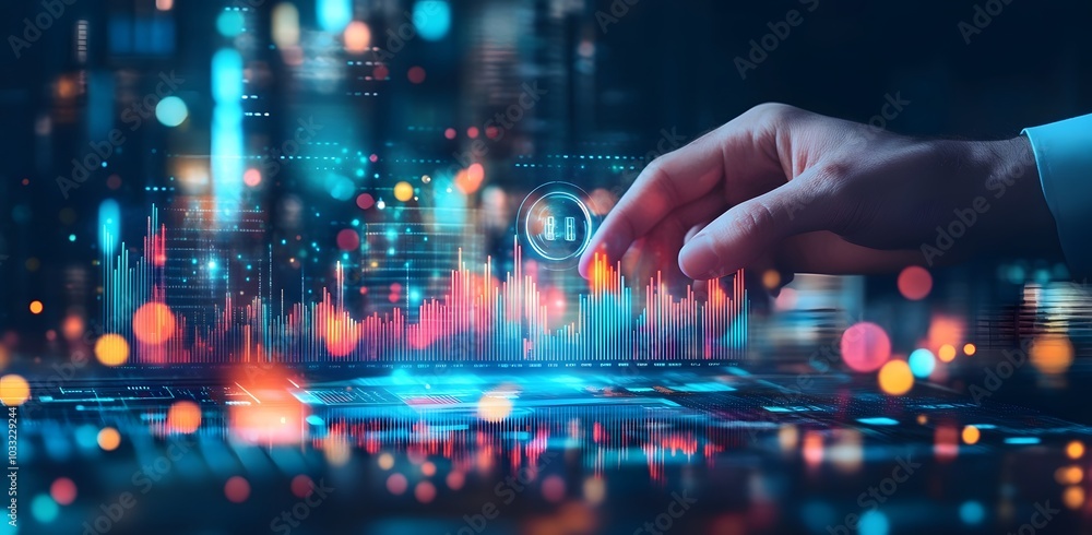 Poster a businessman uses a virtual screen to display a growth graph and bar chart with financial data on a