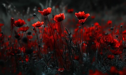 Red poppies in a dark field.