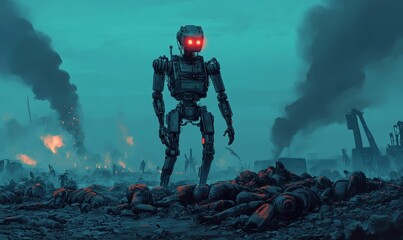 Obraz premium Robot standing over fallen soldiers.