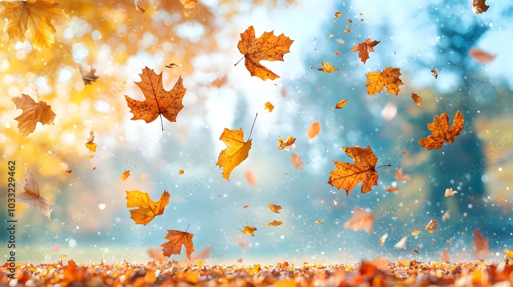 Poster Fallen autumn leaves scattered in the foreground creating a cozy natural carpet with a misty ethereal forest in the background evoking a serene tranquil atmosphere