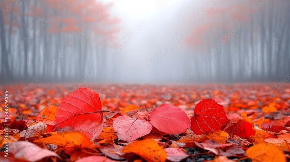 Poster Fallen autumn leaves scattered in the foreground creating a warm and earthy carpet on the ground with a misty atmospheric forest landscape visible in the background