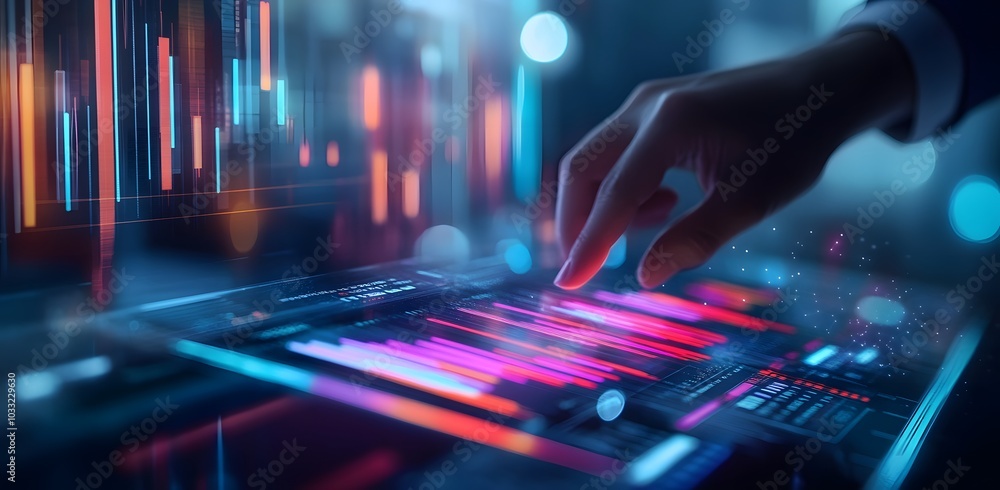Poster a businessman uses a virtual screen to display a growth graph and bar chart with financial data on a