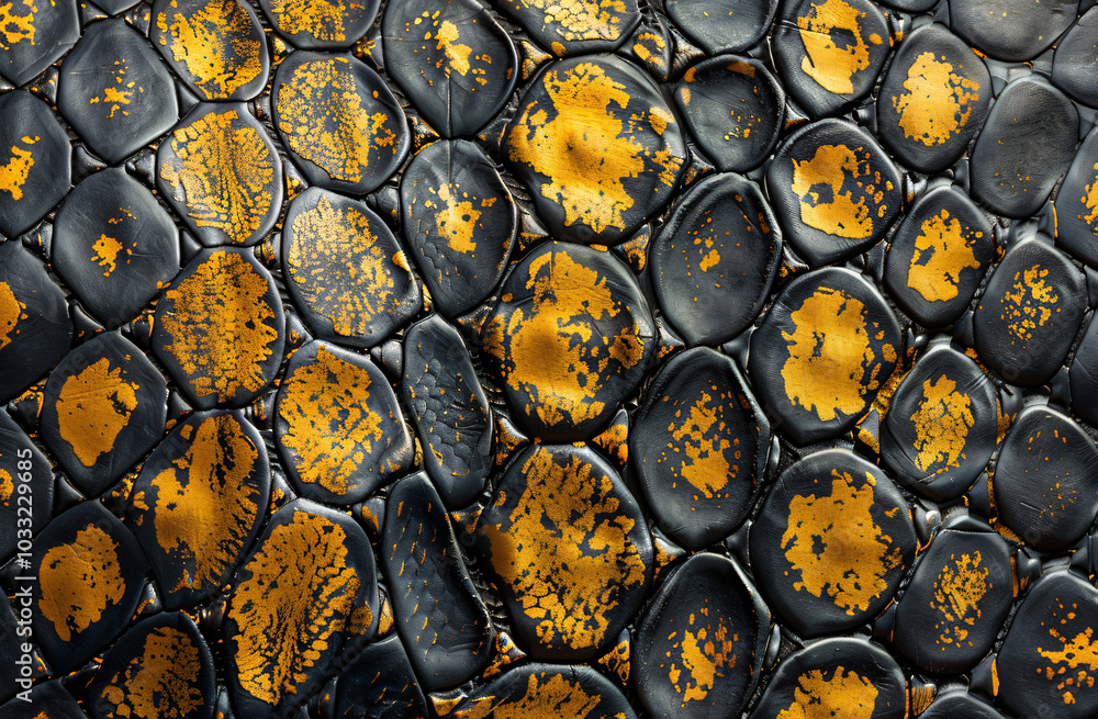 Poster flat lay of a dark brown and yellow snake skin pattern with a metallic sheen on a background. The pattern is in the style of a snake skin.