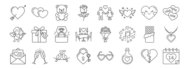 Romantic and Valentine line icon set. Vector pictograms of hearts, gifts, and love symbol, teddy bear, cupid, flower bouquet, engagement ring, chocolate candy, thin linear illustration.