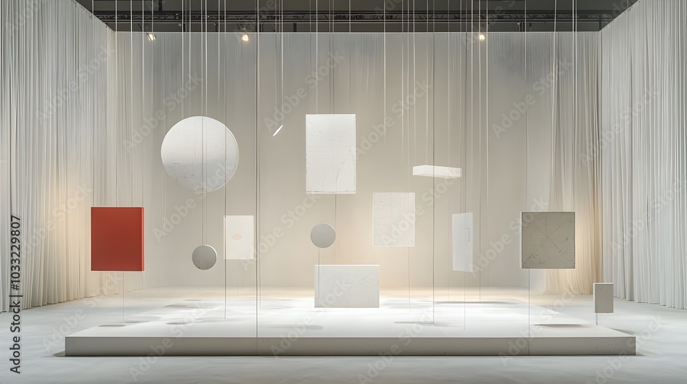 Poster floating geometric shapes casting unexpected shadows creating an ethereal illusion of depth and dime