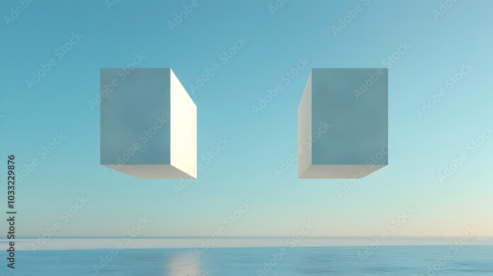 Aufkleber Floating geometric shapes casting unexpected shadows creating illusions of depth and an abstract surreal visualization  Minimal modern composition with a captivating mesmerizing