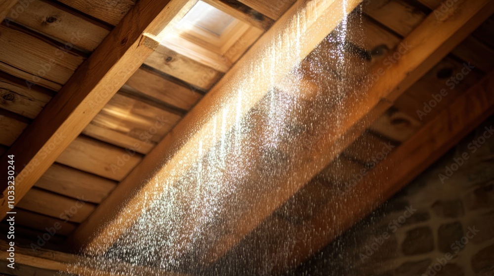 Poster sunlight streaming through a wooden roof with a small square window, creating a ray of light.