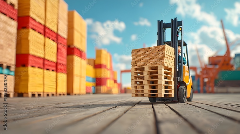 Poster forklift operator maneuvering pallets loaded with bricks ready for unloading at the warehouse facili