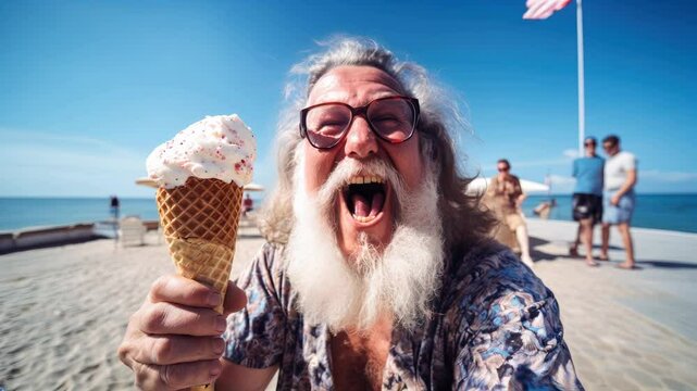 An elderly man enjoys an ice cream cone on a sunny day. AI.