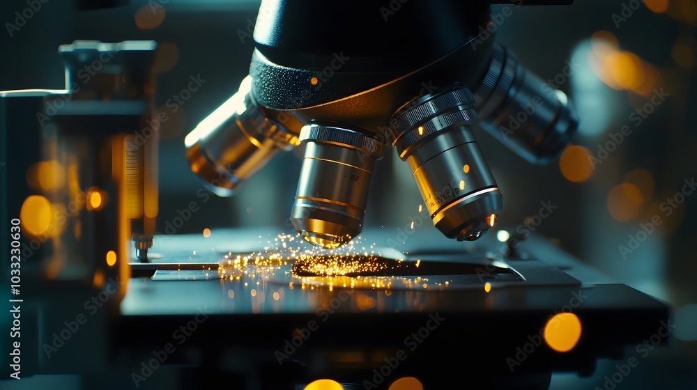 Poster a close-up of a microscope with sparkling particles