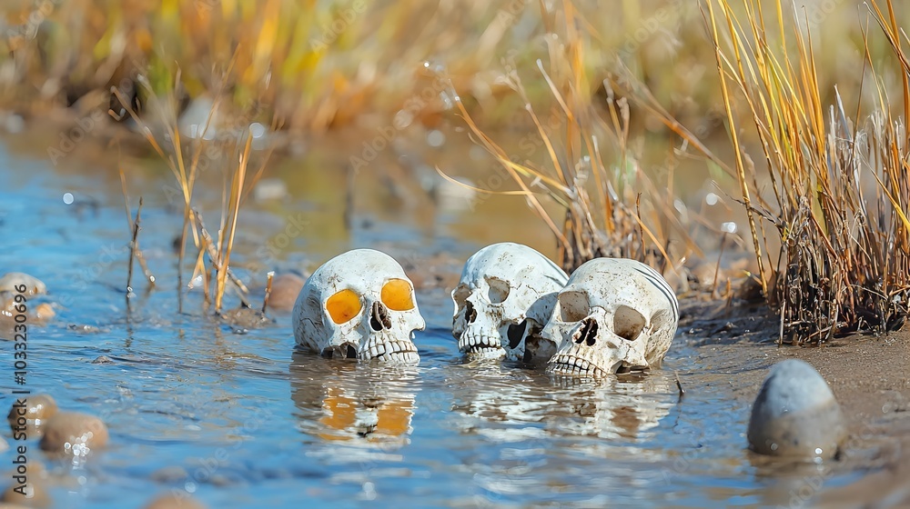 Aufkleber Ghostly skeletal figures lying peacefully in a serene riverbed as the gentle flow of water gently caresses the weathered bones creating a surreal and contemplative scene