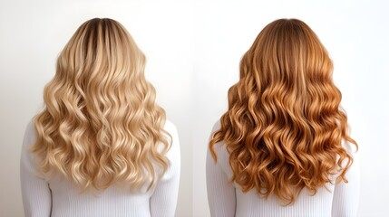 Fototapeta premium Side-by-side curls comparison, showing frizzy, undefined strands transforming into shiny, bouncy curls post honey treatment, Realistic, High Detail, Natural Light