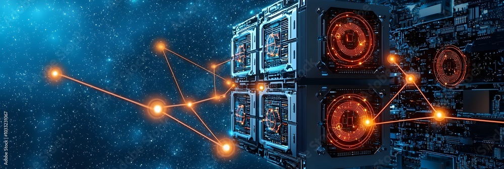 Poster glowing digital connections forming intricate constellations in the cosmic universe abstract futuris
